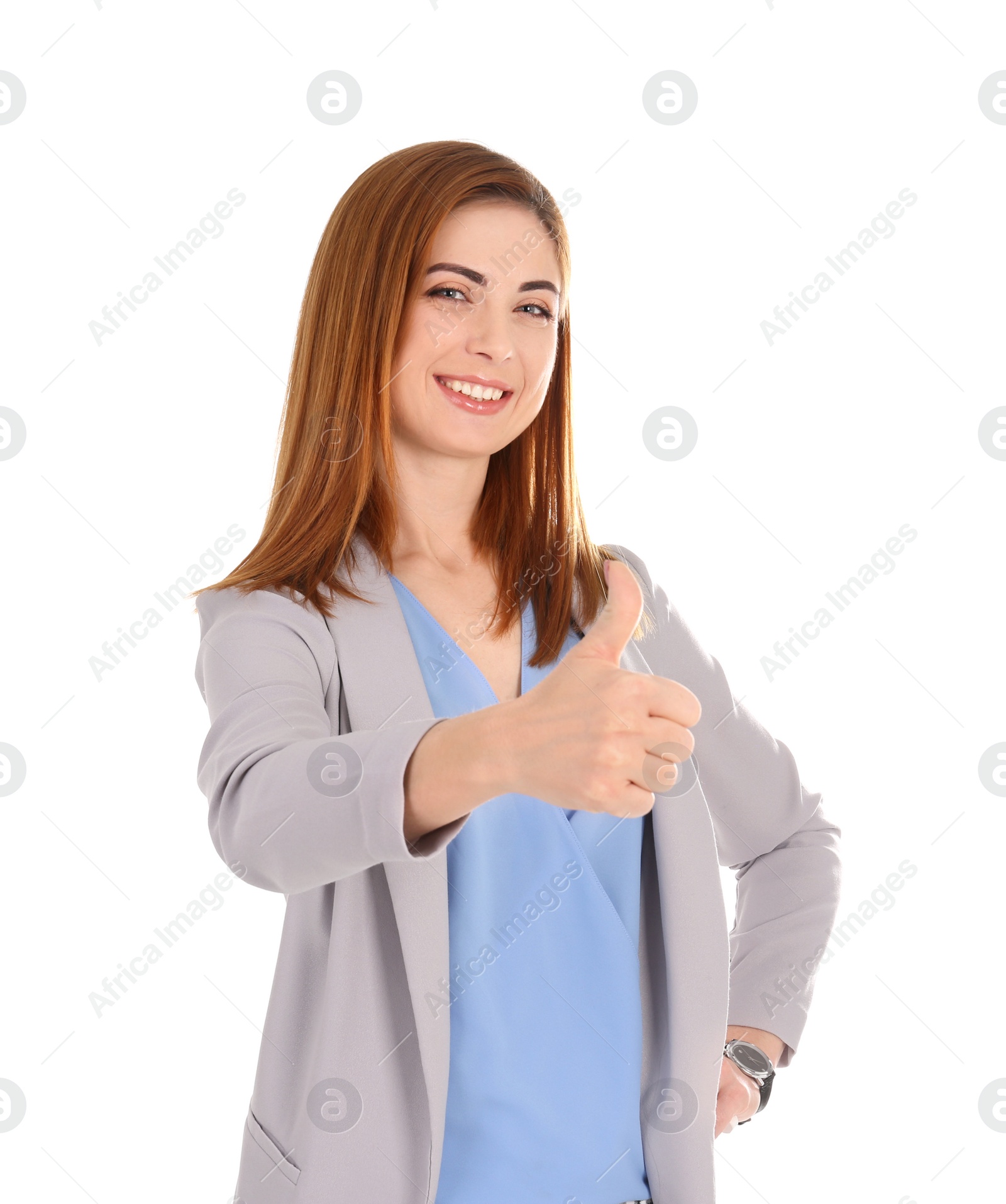 Photo of Beautiful young woman showing thumb up gesture on white background