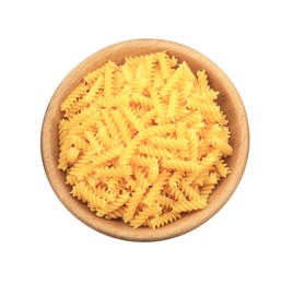 Raw fusilli pasta in bowl isolated on white, top view