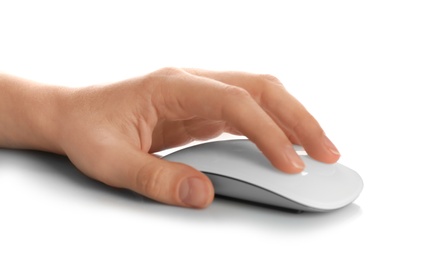 Woman using computer mouse on white background, closeup of hand