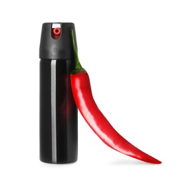 Bottle of pepper spray and red hot chilli on white background