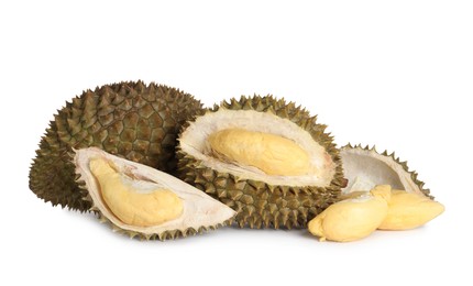 Photo of Fresh ripe durians on white background. Tropical fruit