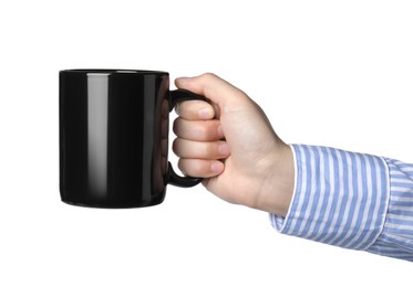 Photo of Woman holding black mug on white background, closeup