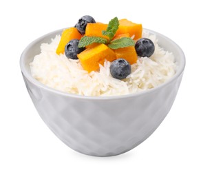 Photo of Bowl of delicious rice porridge with blueberries and pumpkin isolated on white