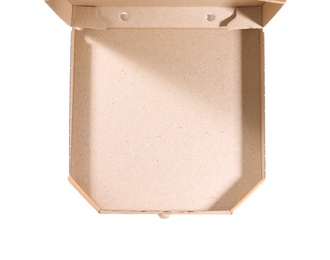 Open cardboard pizza box on white background, top view. Food delivery