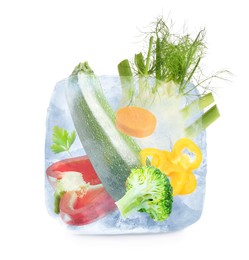 Frozen food. Raw vegetables in ice cube isolated on white