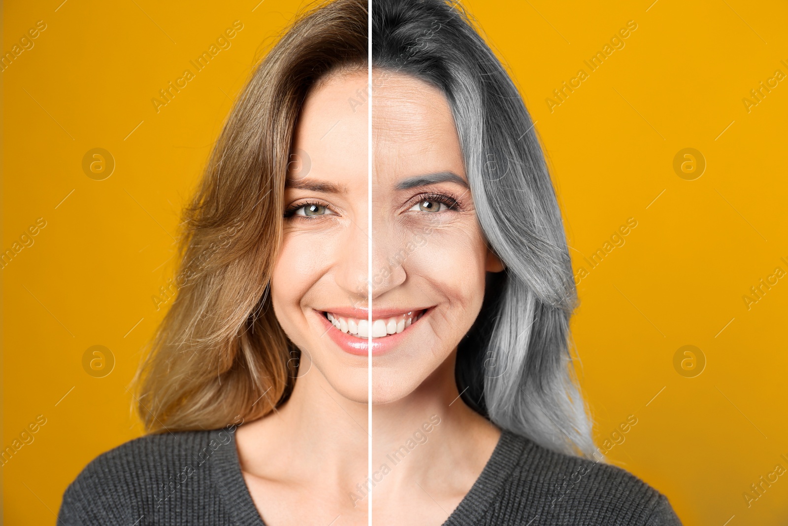 Image of Changes in appearance during aging. Portrait of woman divided in half to show her in younger and older ages. Collage design on orange background