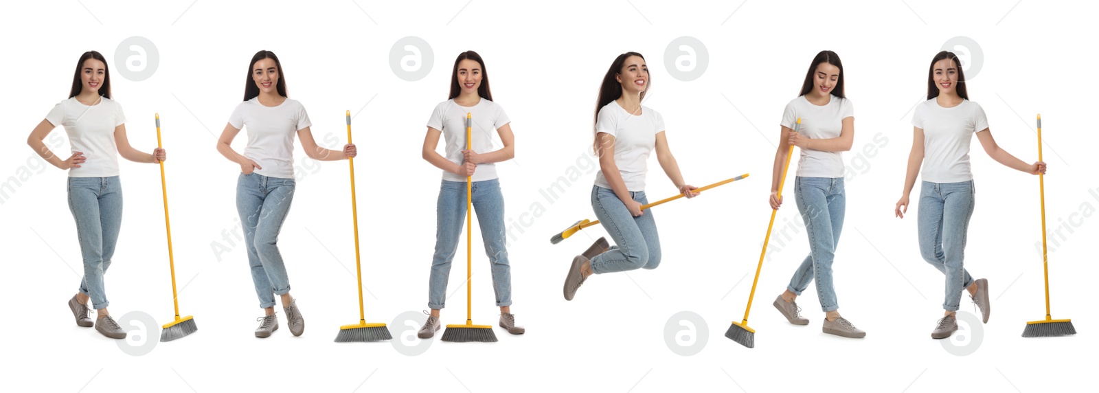 Image of Collage with photos of beautiful young woman with broom on white background. Banner design