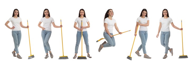 Image of Collage with photos of beautiful young woman with broom on white background. Banner design