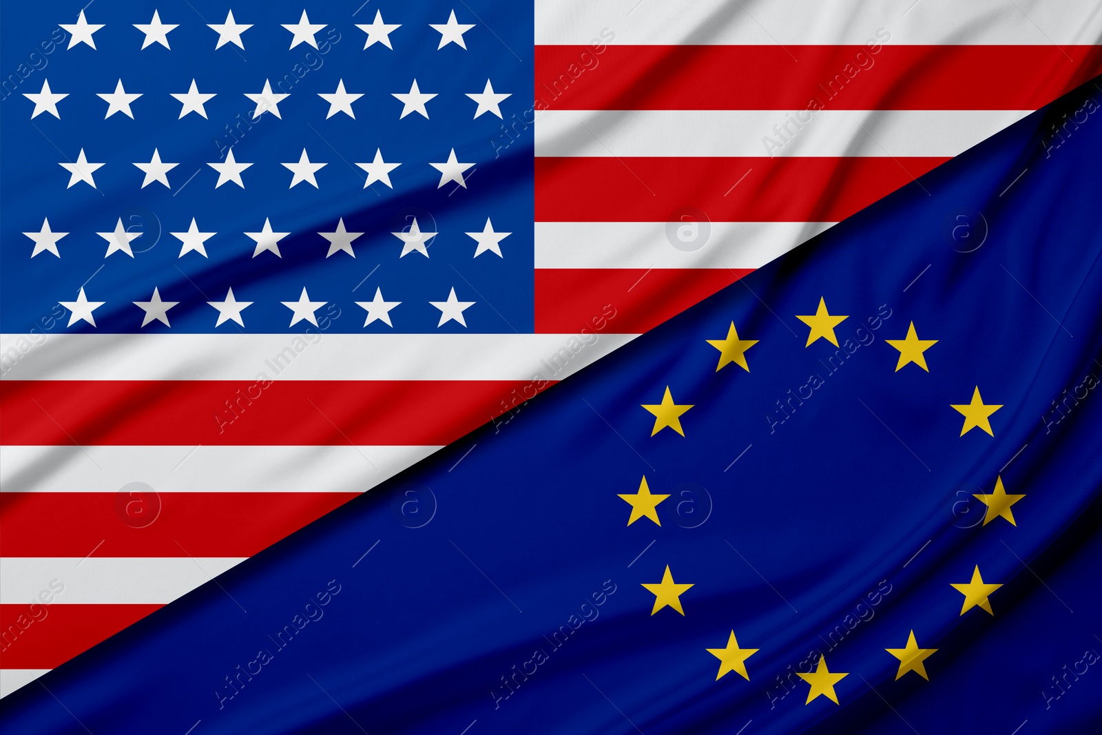 Image of Flags of USA and European Union. International diplomatic relationships