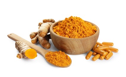 Photo of Aromatic turmeric powder, pills and raw roots isolated on white