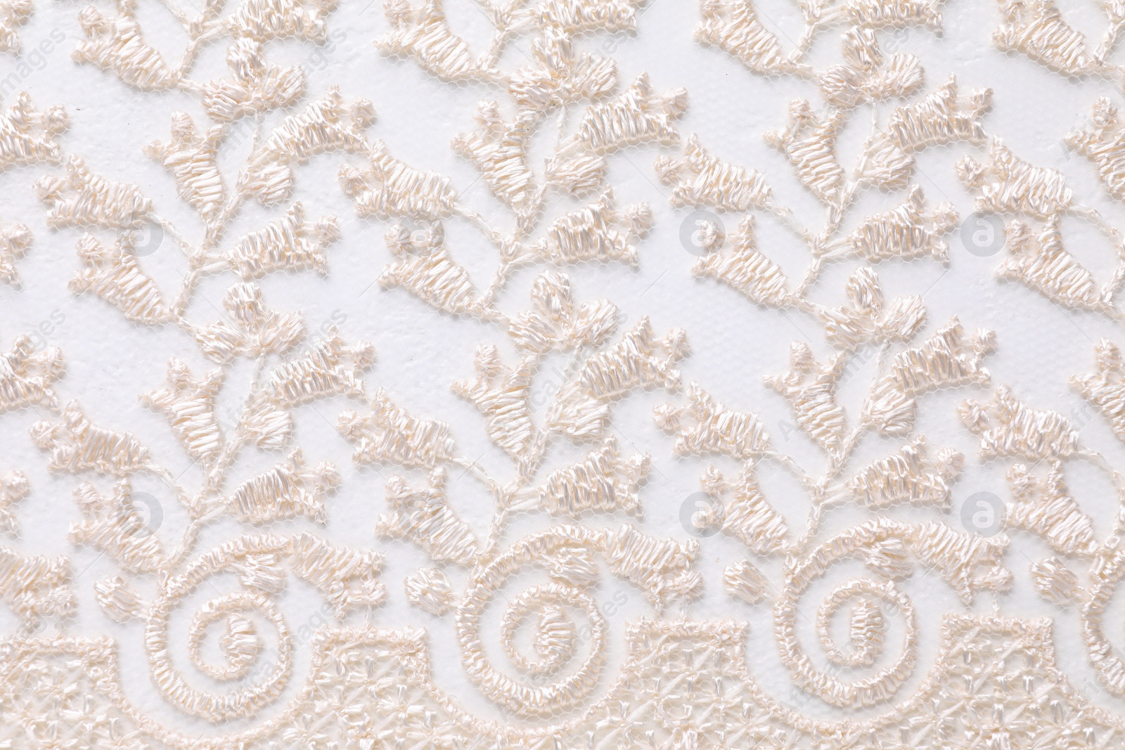 Photo of Beautiful beige lace as background, top view