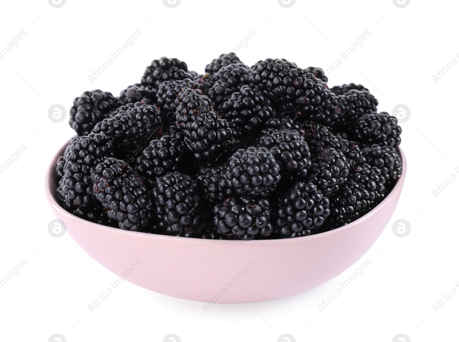 Photo of Fresh ripe blackberries in bowl isolated on white