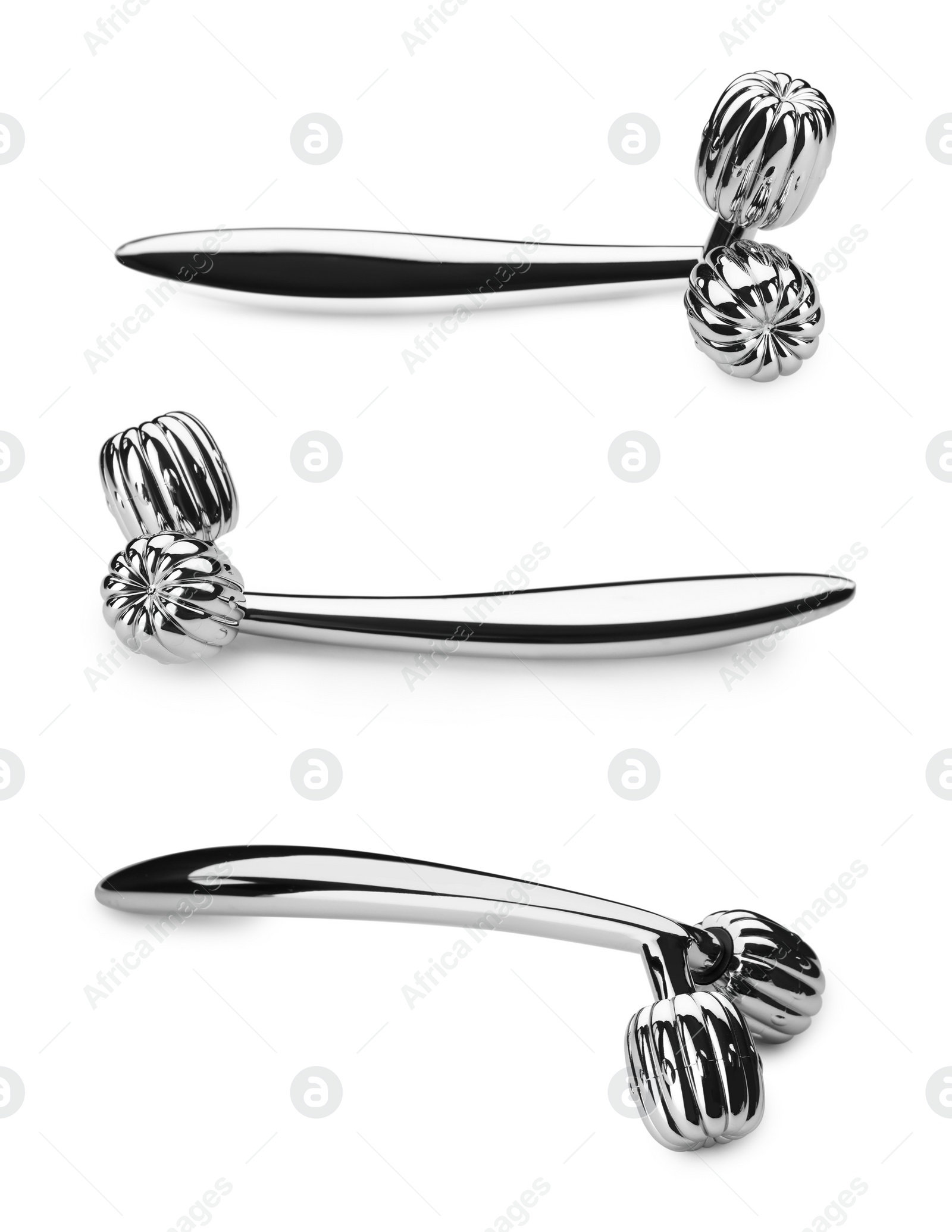 Image of Set with metal face rollers on white background 