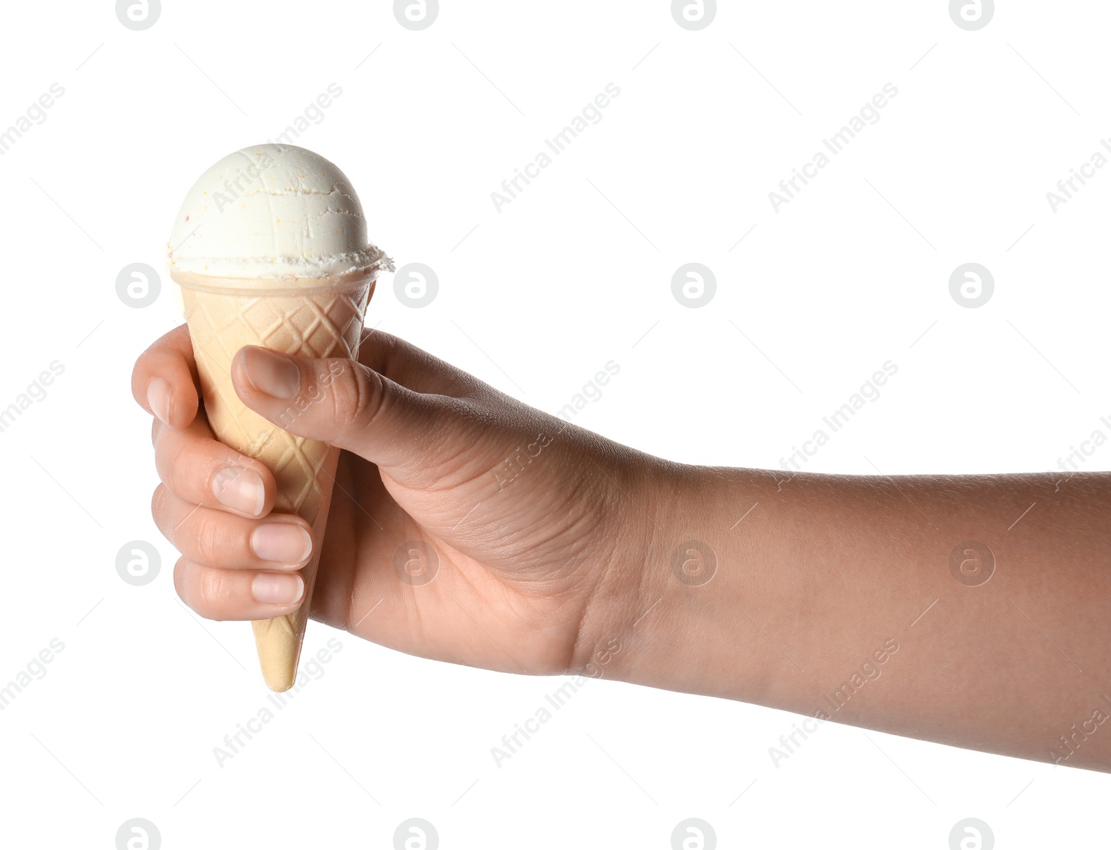 Photo of Woman holding delicious ice cream in wafer cone on white background, closeup