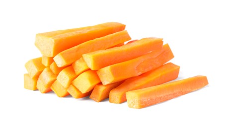 Photo of Pile of delicious carrot sticks isolated on white