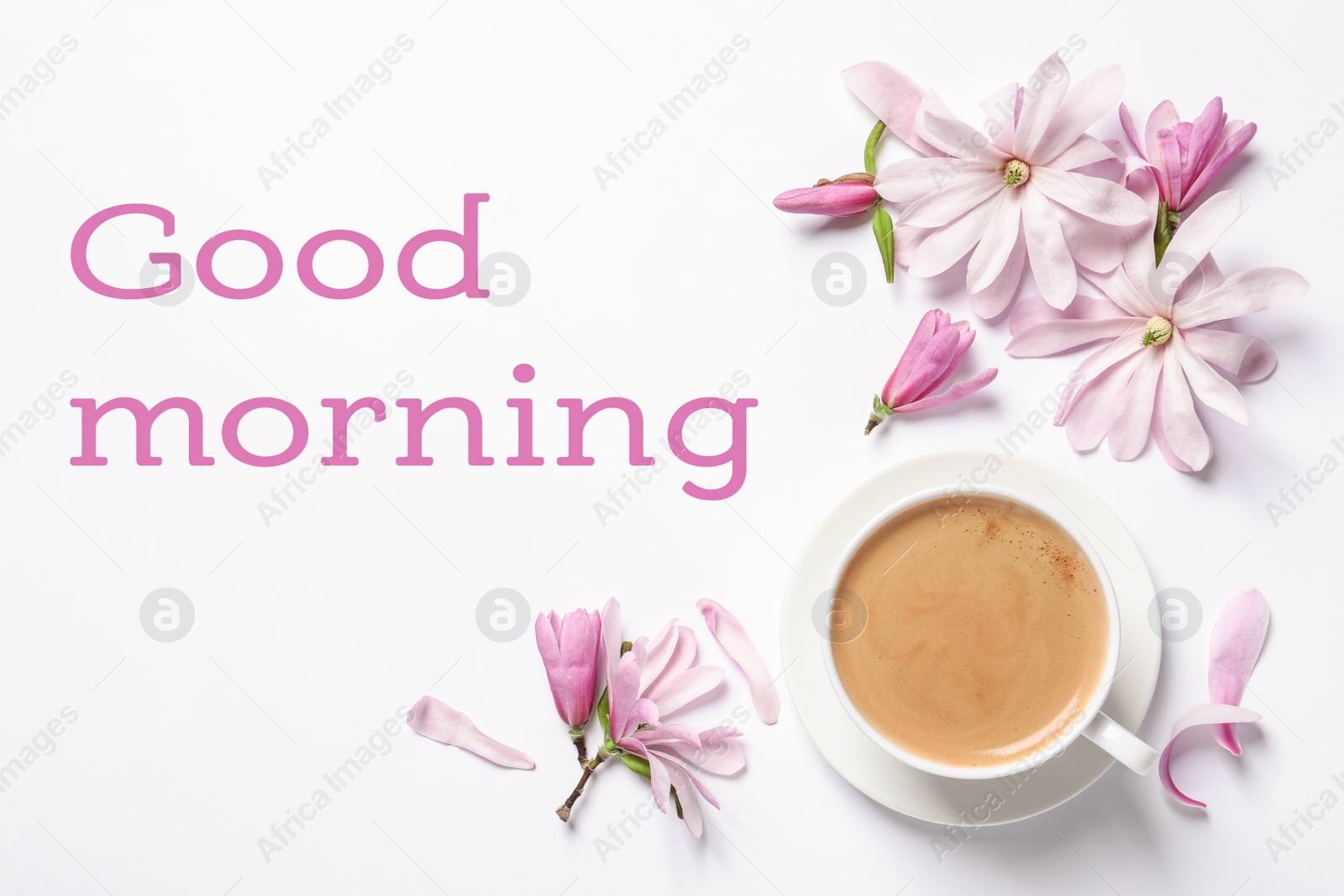Image of Beautiful pink magnolia flowers and cup of aromatic coffee on white background, top view. Good morning