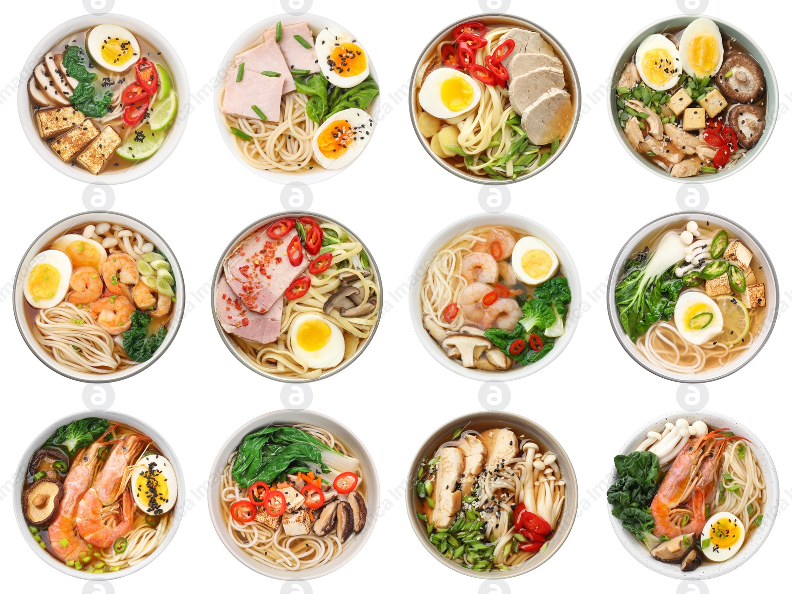 Image of Set with bowls of delicious ramen with different ingredients isolated on white, top view. Noodle soup