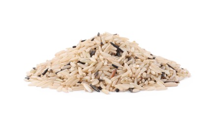 Photo of Pile of raw unpolished rice isolated on white