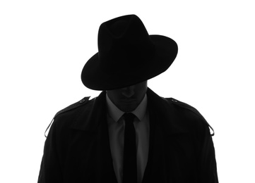 Photo of Old fashioned detective in hat on white background