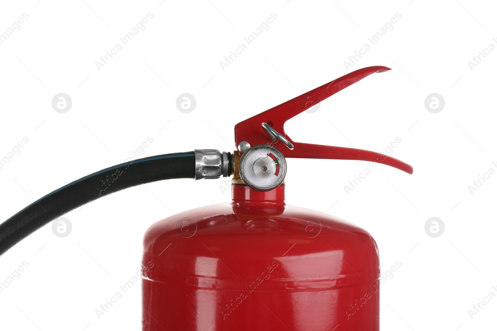 Photo of Fire extinguisher isolated on white, closeup. Safety tool