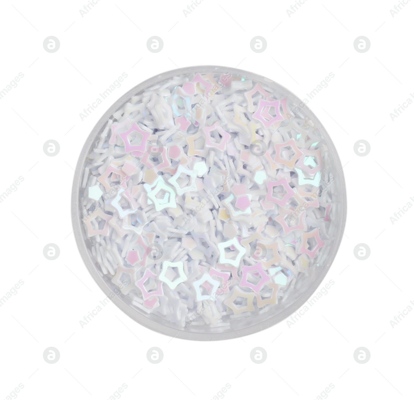 Photo of Beautiful sequins in shape of stars on white background, top view