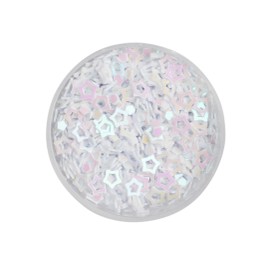 Beautiful sequins in shape of stars on white background, top view