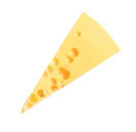 Piece of cheese on white background, top view. Natural food high in protein