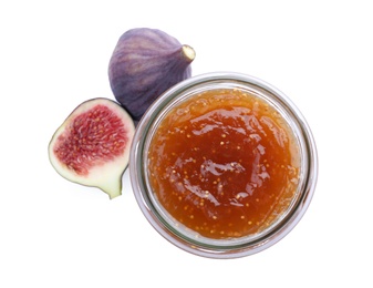 Homemade delicious fig jam and fresh fruits on white background, top view