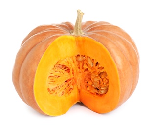 Photo of Cut ripe orange pumpkin isolated on white