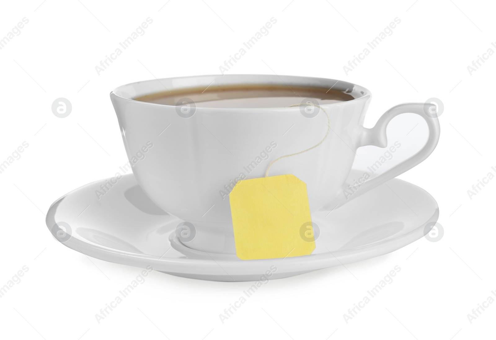 Photo of Tea bag in cup of hot water isolated on white