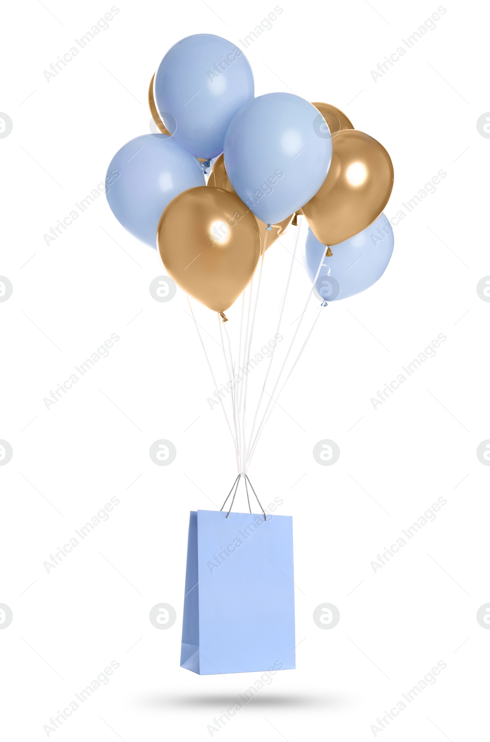 Image of Bunch of color balloons and light blue paper bag on white background