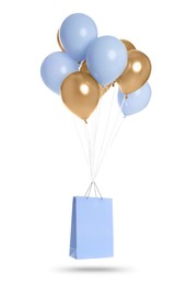 Image of Bunch of color balloons and light blue paper bag on white background