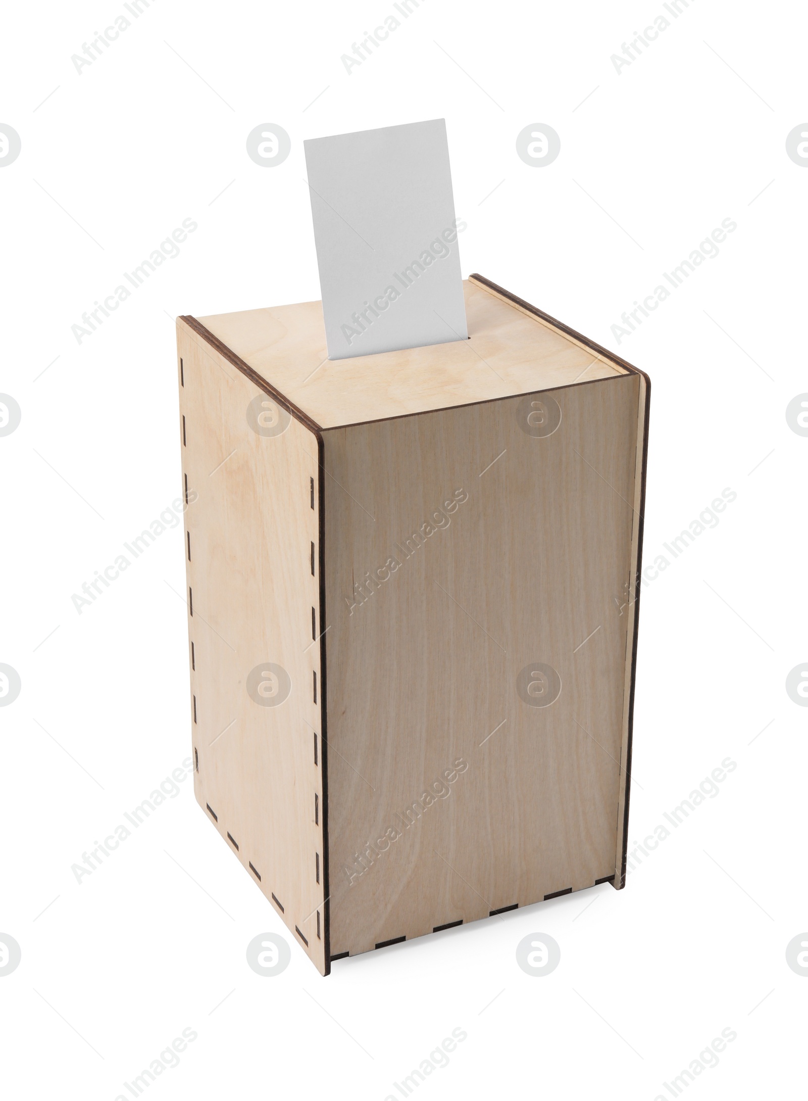 Photo of Wooden ballot box with vote isolated on white