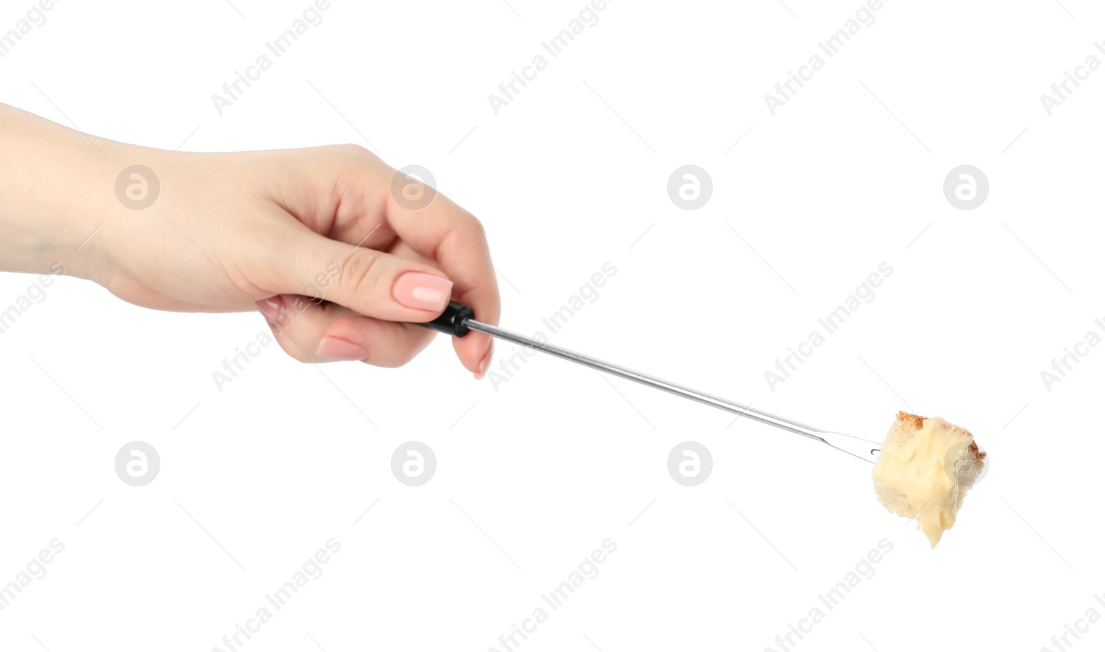 Photo of Tasty fondue. Woman holding fork with piece of bread and melted cheese on white background, closeup