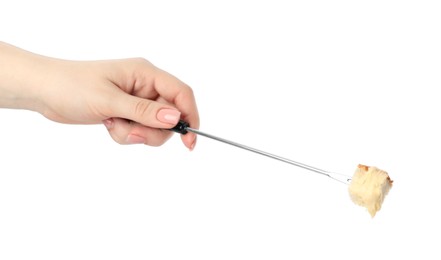 Tasty fondue. Woman holding fork with piece of bread and melted cheese on white background, closeup