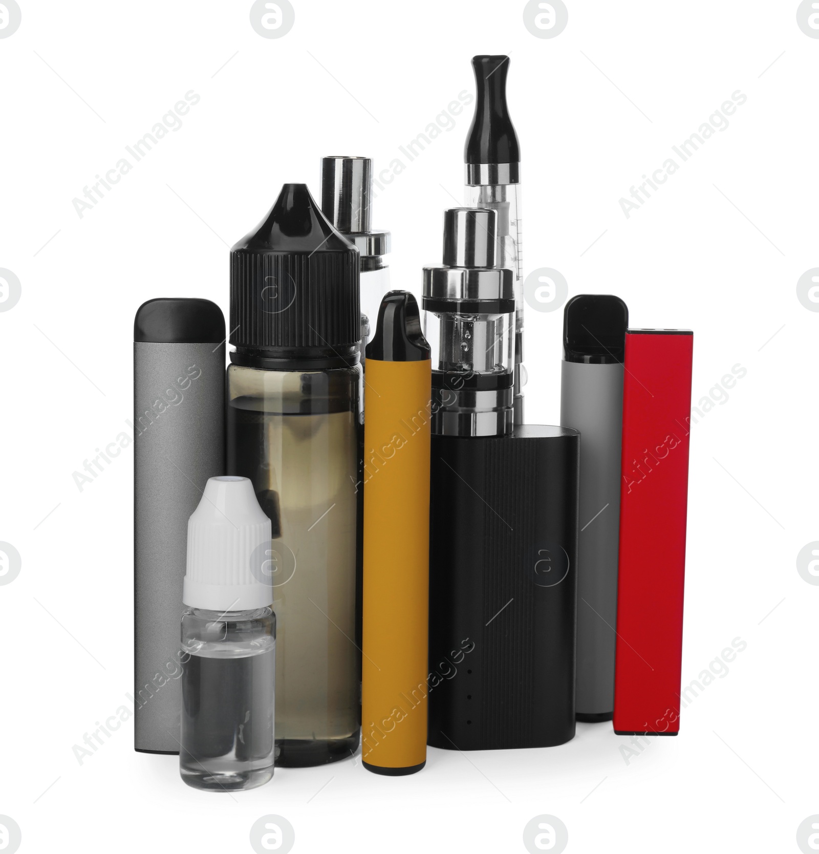 Photo of Many electronic smoking devices and liquid solutions on white background