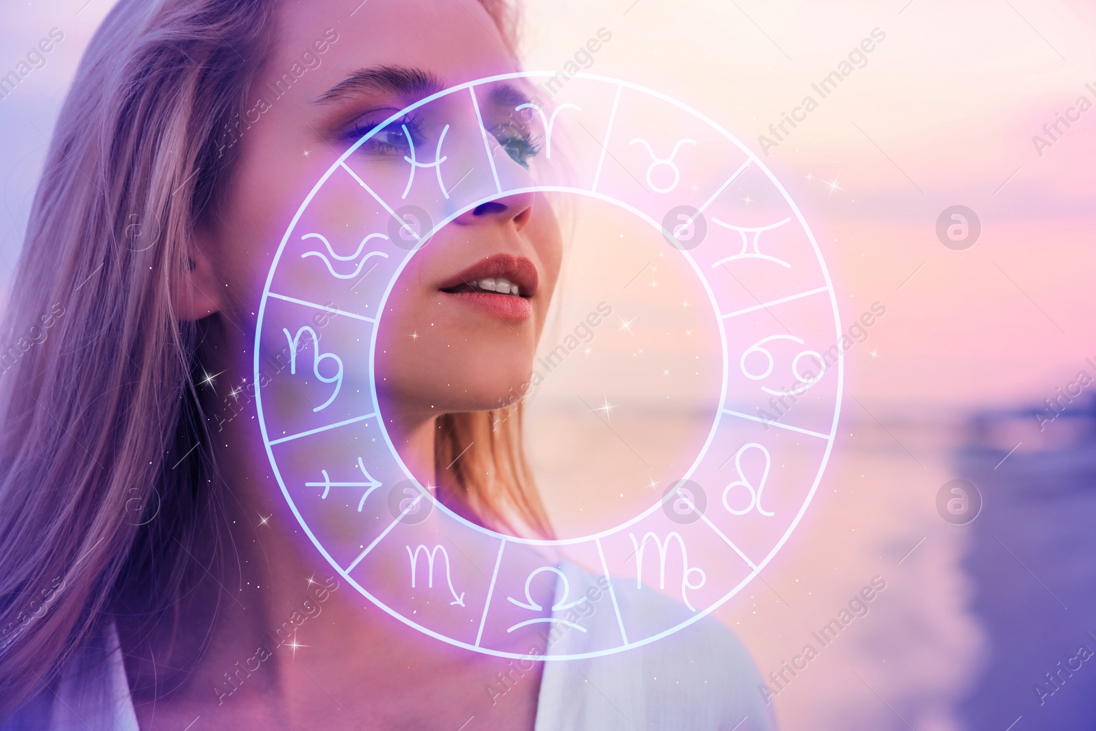 Image of Beautiful young woman outdoors and zodiac wheel illustration