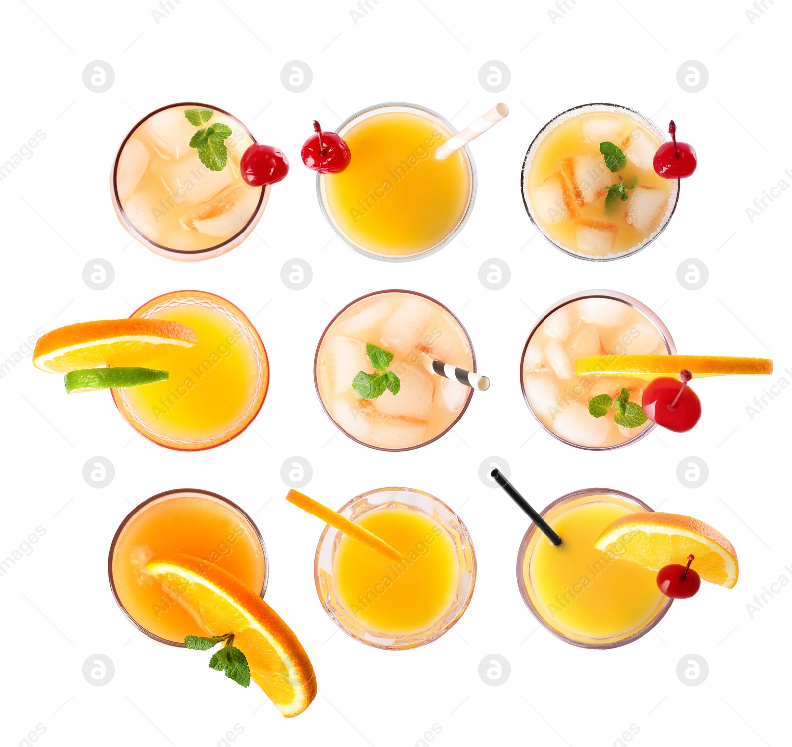 Image of Set of Tequila Sunrise cocktails on white background, top view