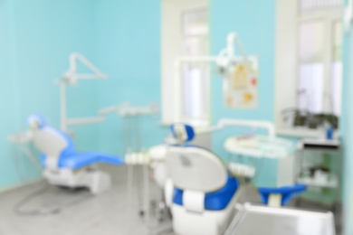 Blurred view of dentist's office with chairs and professional equipment