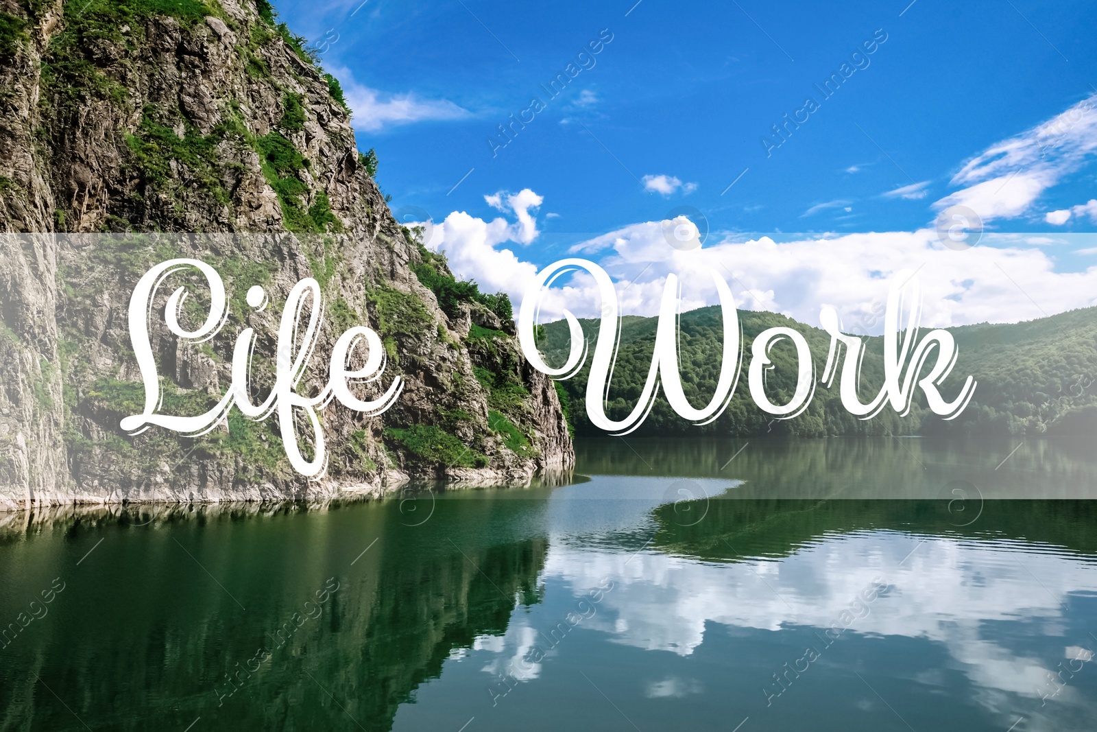 Image of Picturesque view of beautiful lake surrounded by mountains on sunny day. Concept of balance between work and life