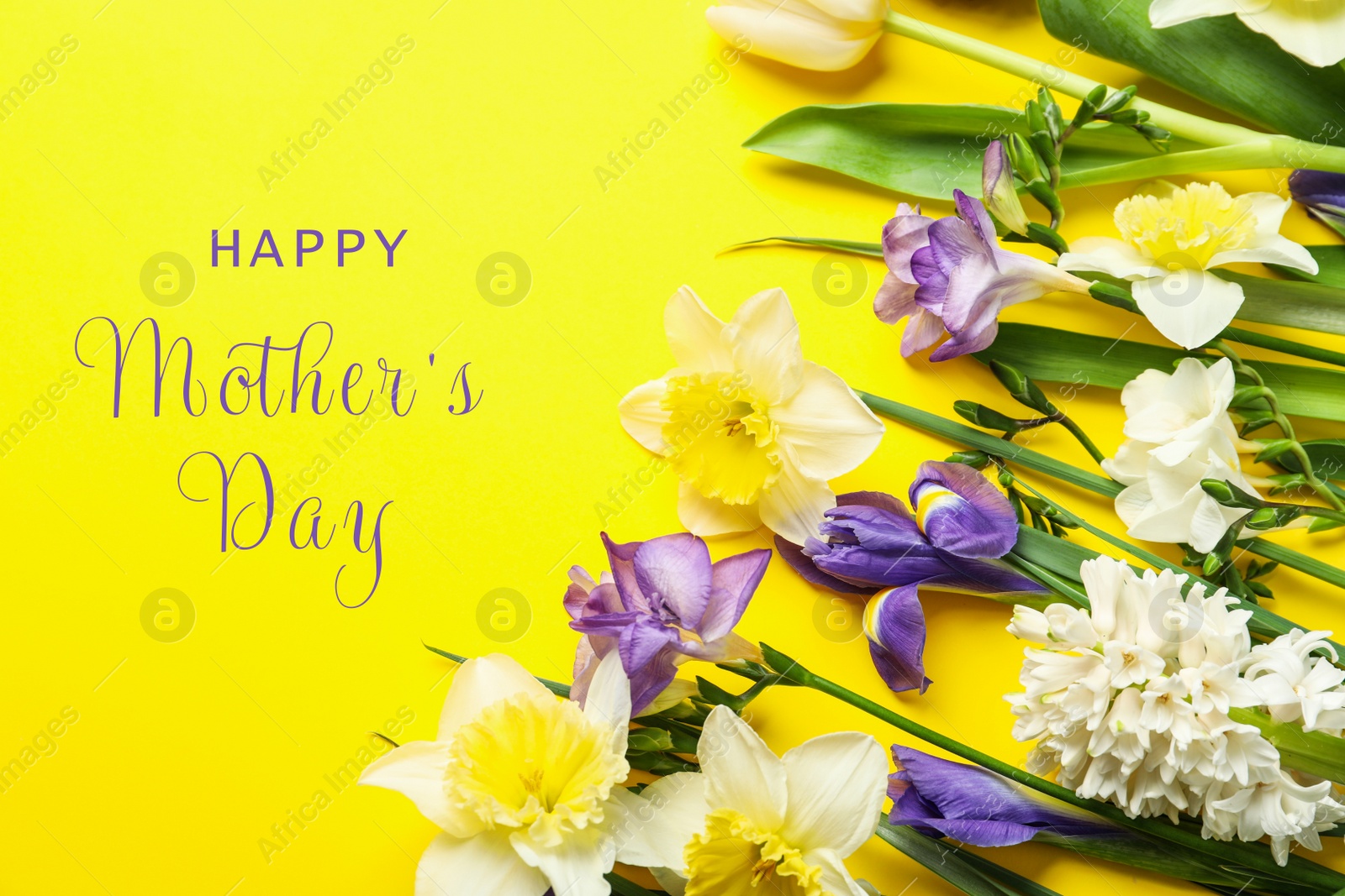 Image of Beautiful spring flowers and phrase HAPPY MOTHER'S DAY on yellow background