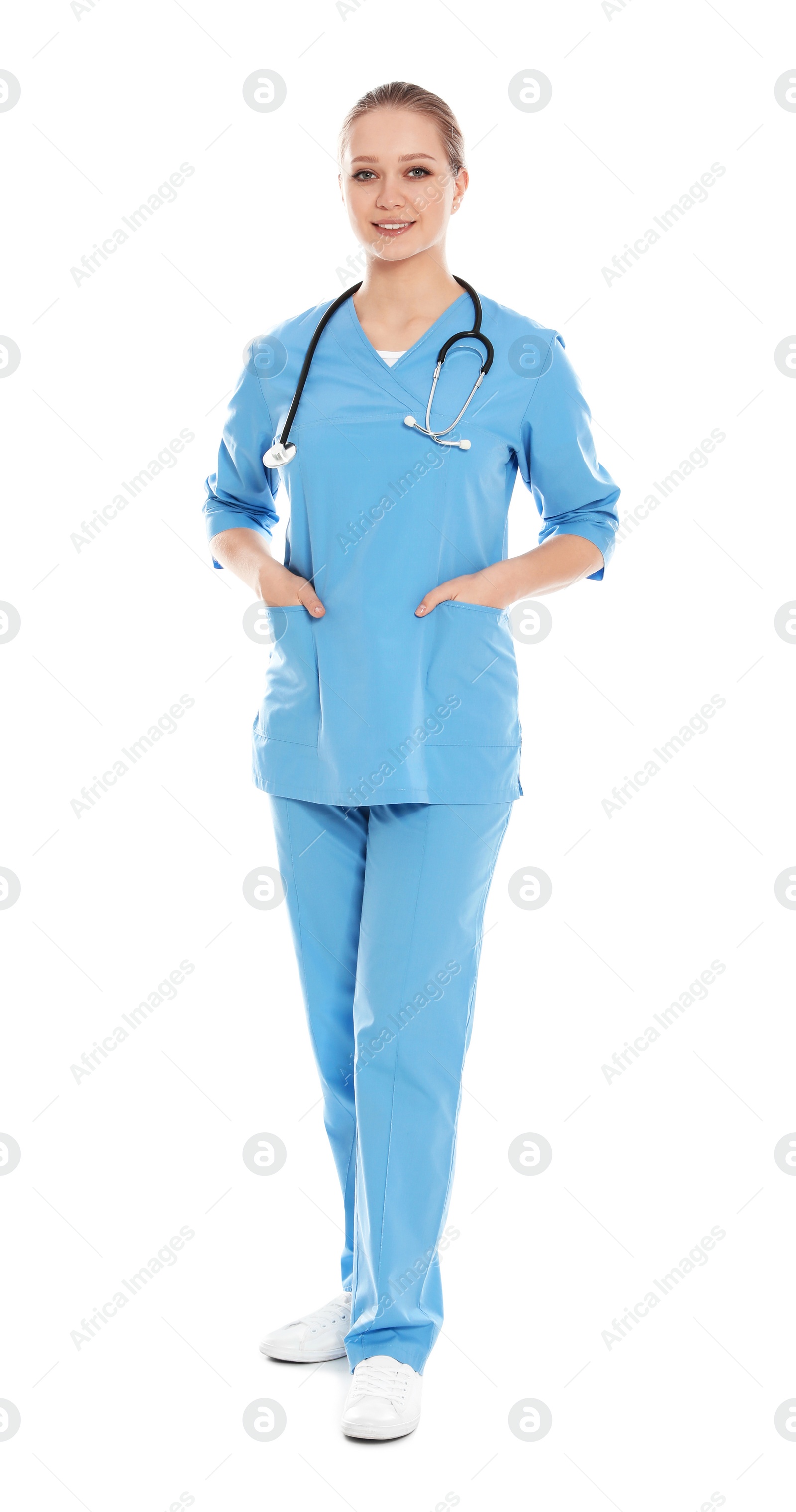 Photo of Full length portrait of medical doctor with stethoscope isolated on white