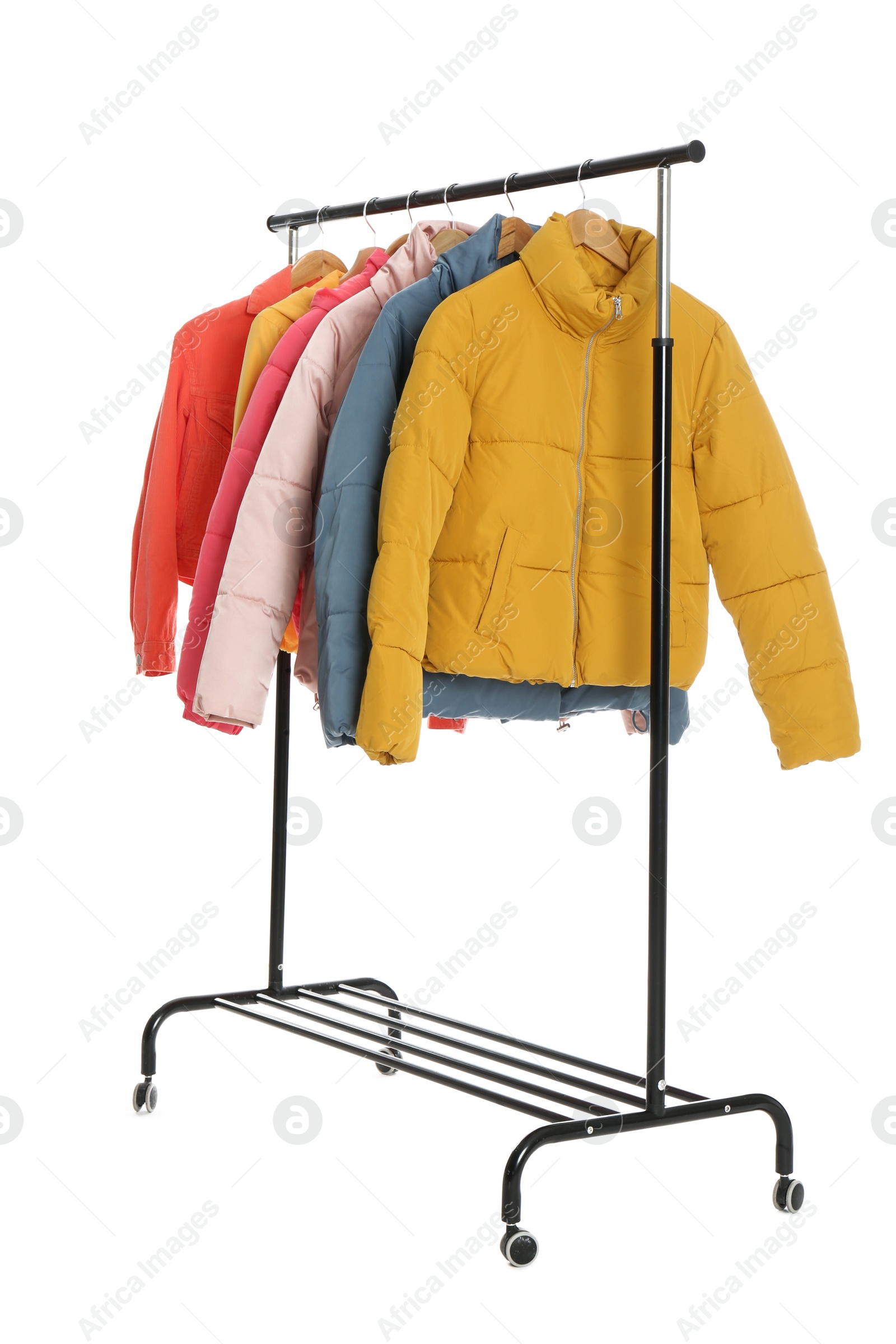 Photo of Rack with stylish jackets isolated on white