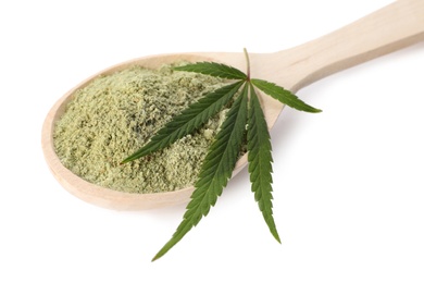 Photo of Spoon of hemp protein powder and leaf isolated on white