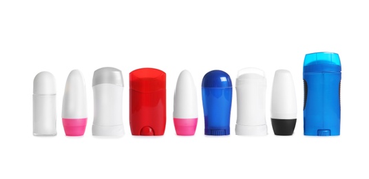 Photo of Many different deodorants on white background