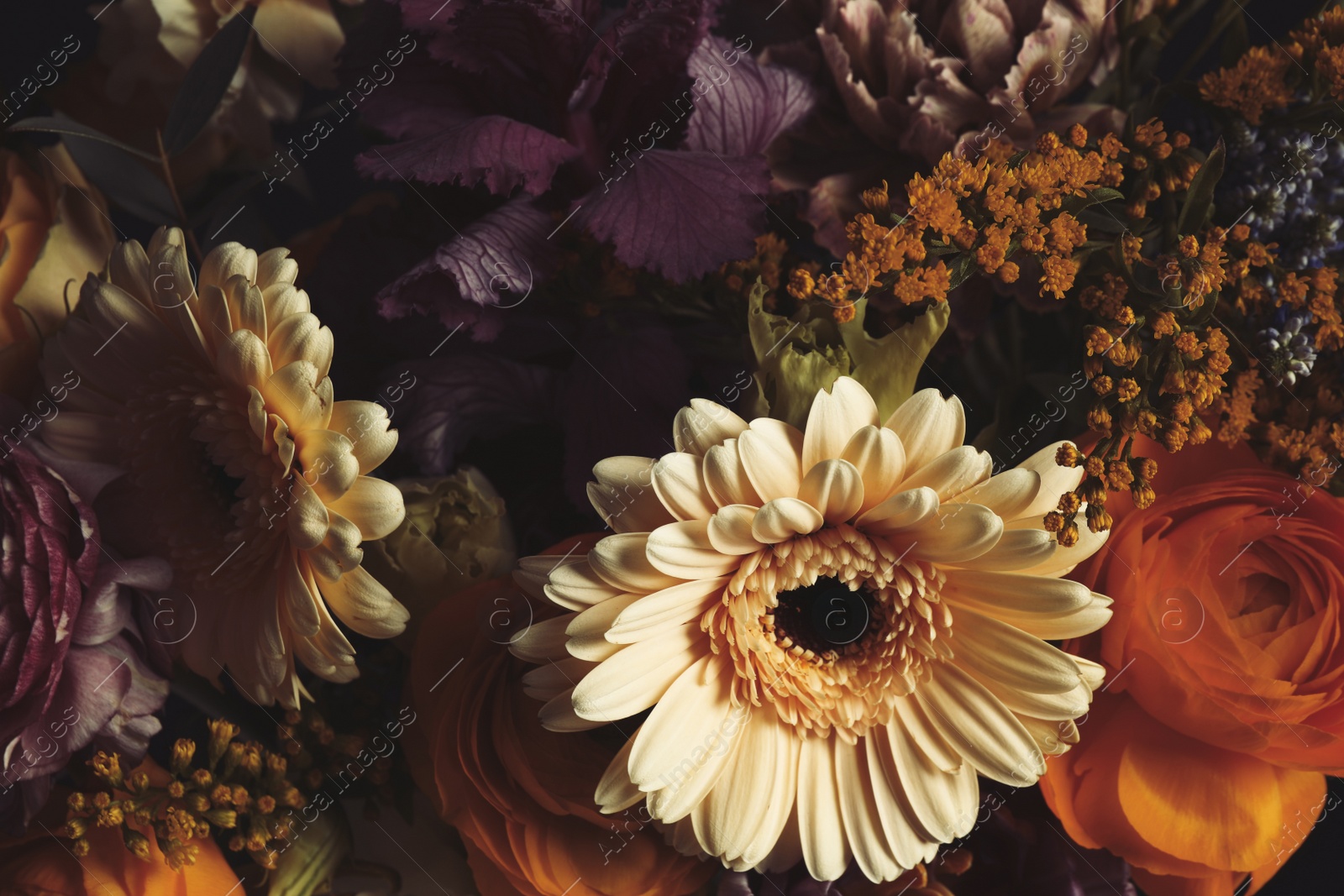 Photo of Beautiful bouquet of different flowers, closeup. Floral card design with dark vintage effect