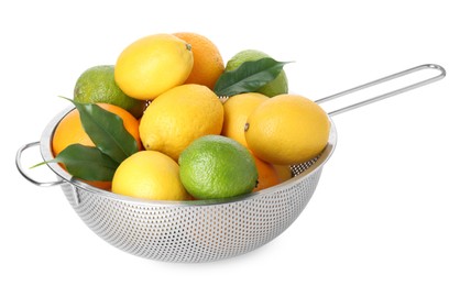 Photo of Metal colander with citrus fruits isolated on white