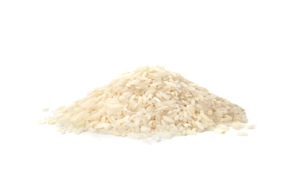 Photo of Pile of uncooked rice on white background
