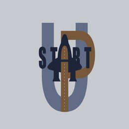 Illustration of Startup logotype with illustration of rocket on light background