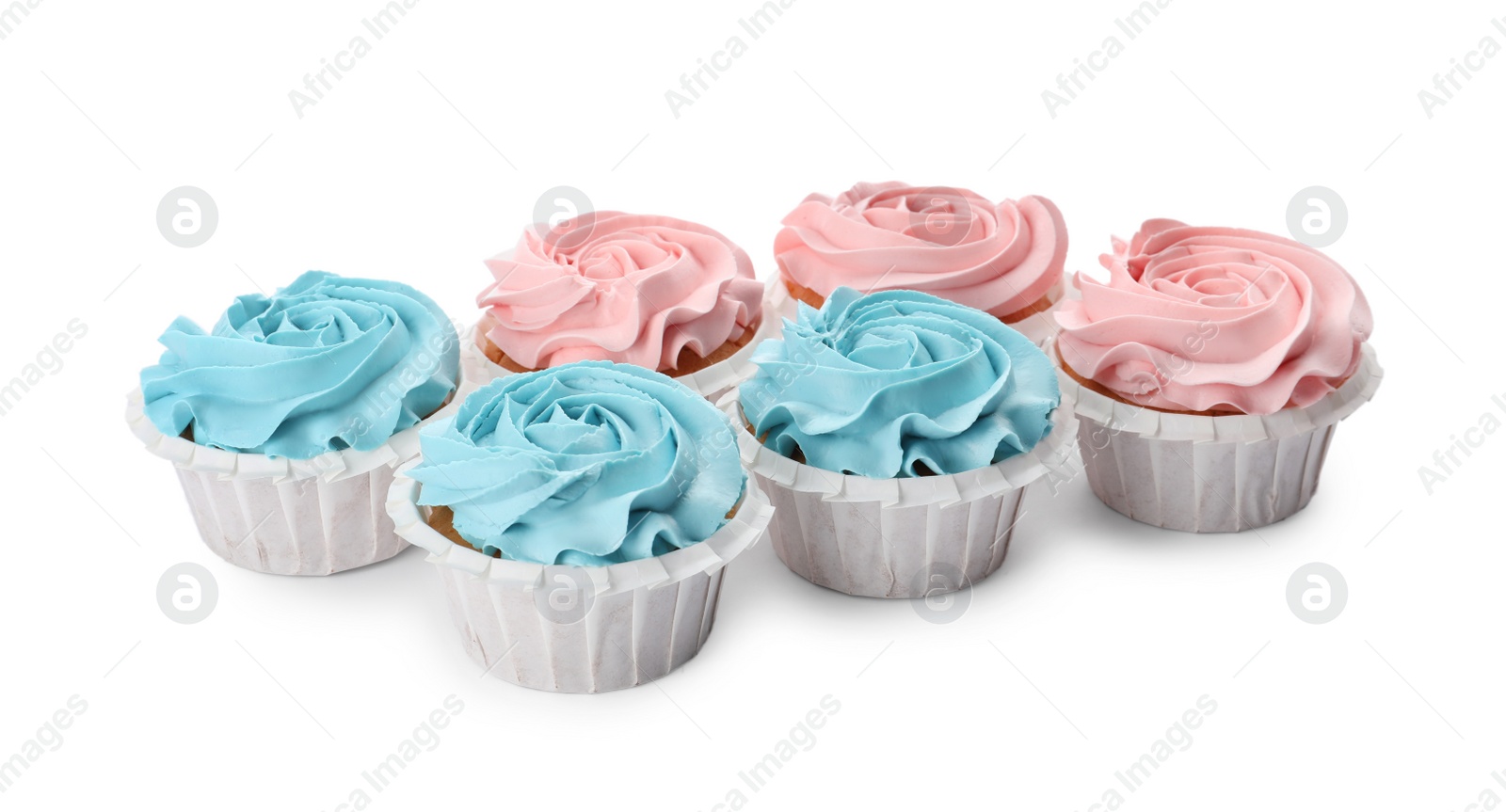 Photo of Baby shower cupcakes with light blue and pink cream on white background